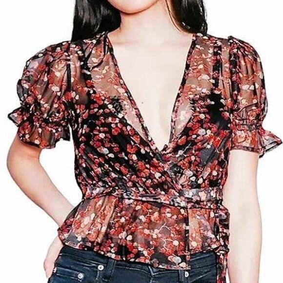 LULUS Signature Style Black Floral Print Sheer Ruffled Wrap Top ~ Womens Size XS - Picture 1 of 7